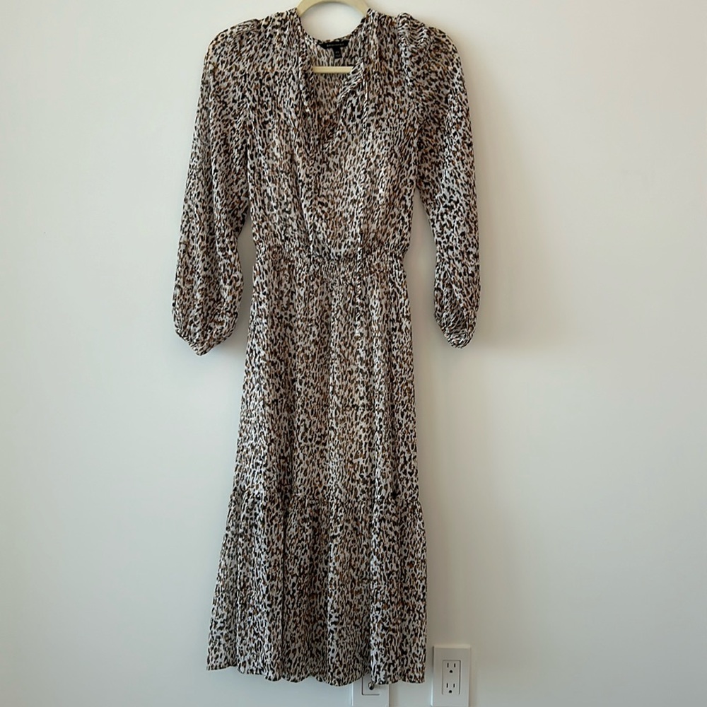 XS 3/4 Sleeve Sheer Animal Print Banana Republic long Dress with Slip Sewn Under